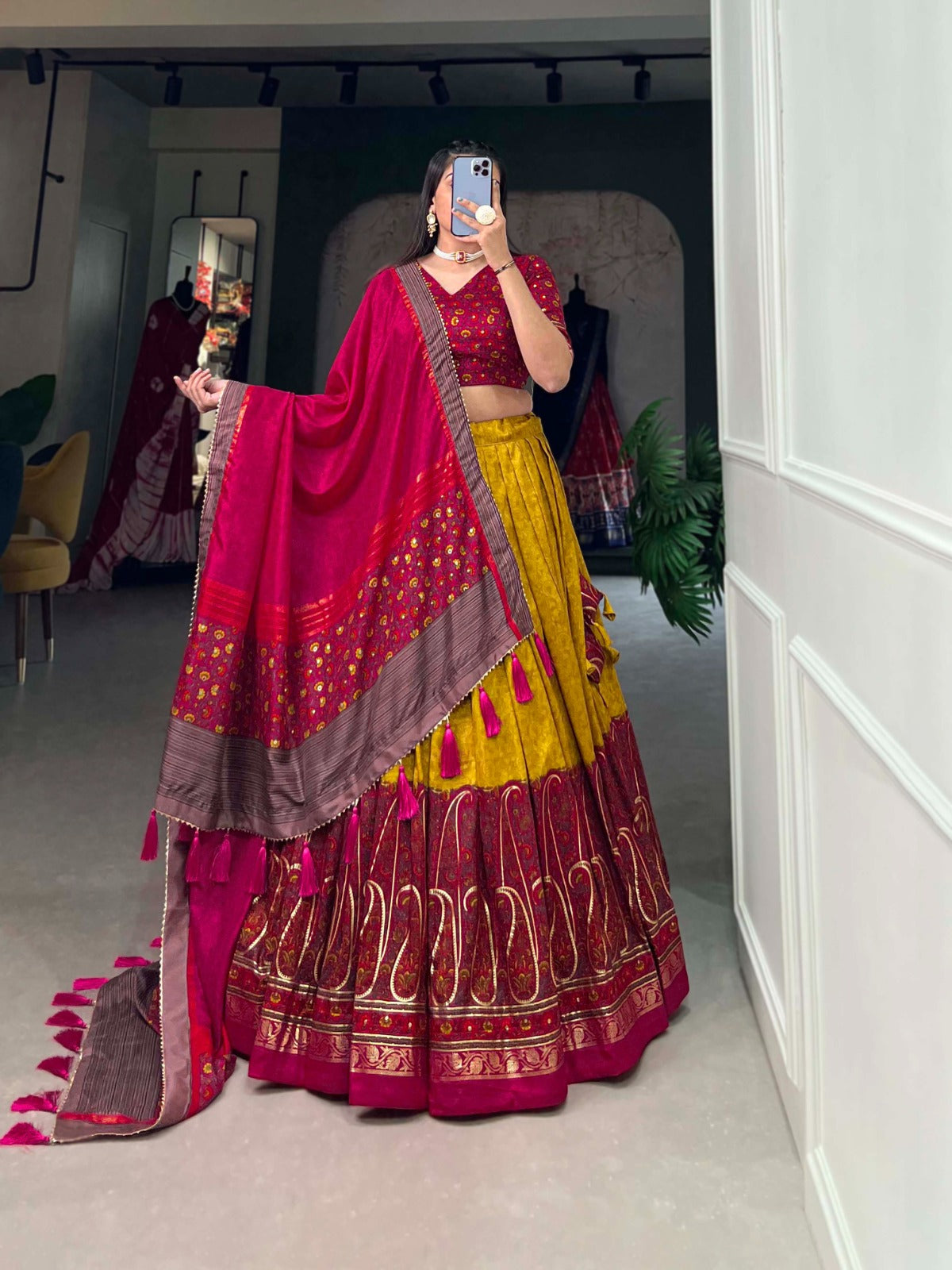 Cherry Red - Yellow Kashmiri Print Lehenga Choli