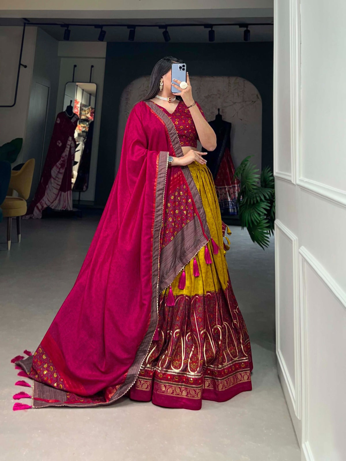 Cherry Red - Yellow Kashmiri Print Lehenga Choli