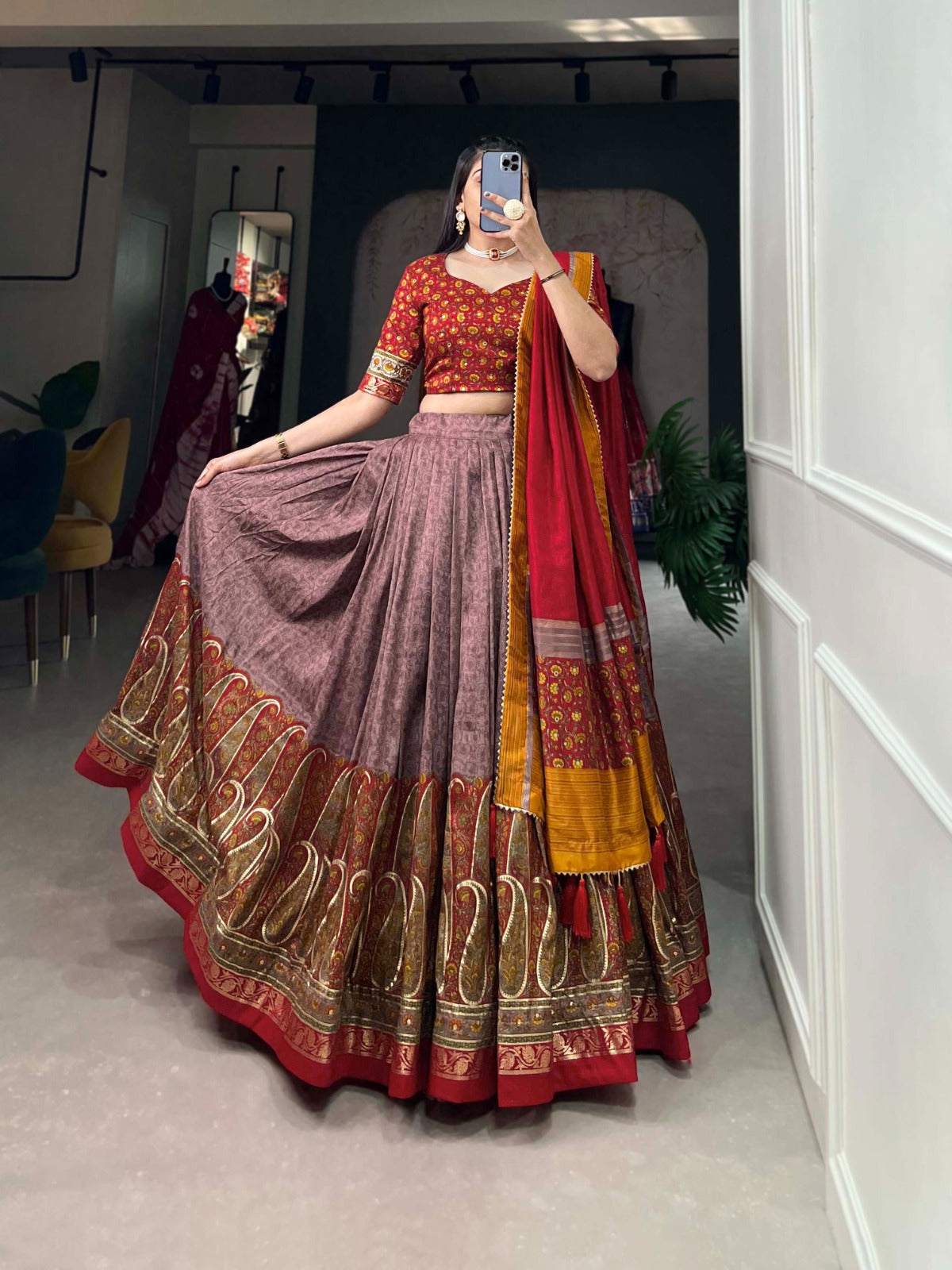 Onion-Red Kashmiri Print Lehenga Choli