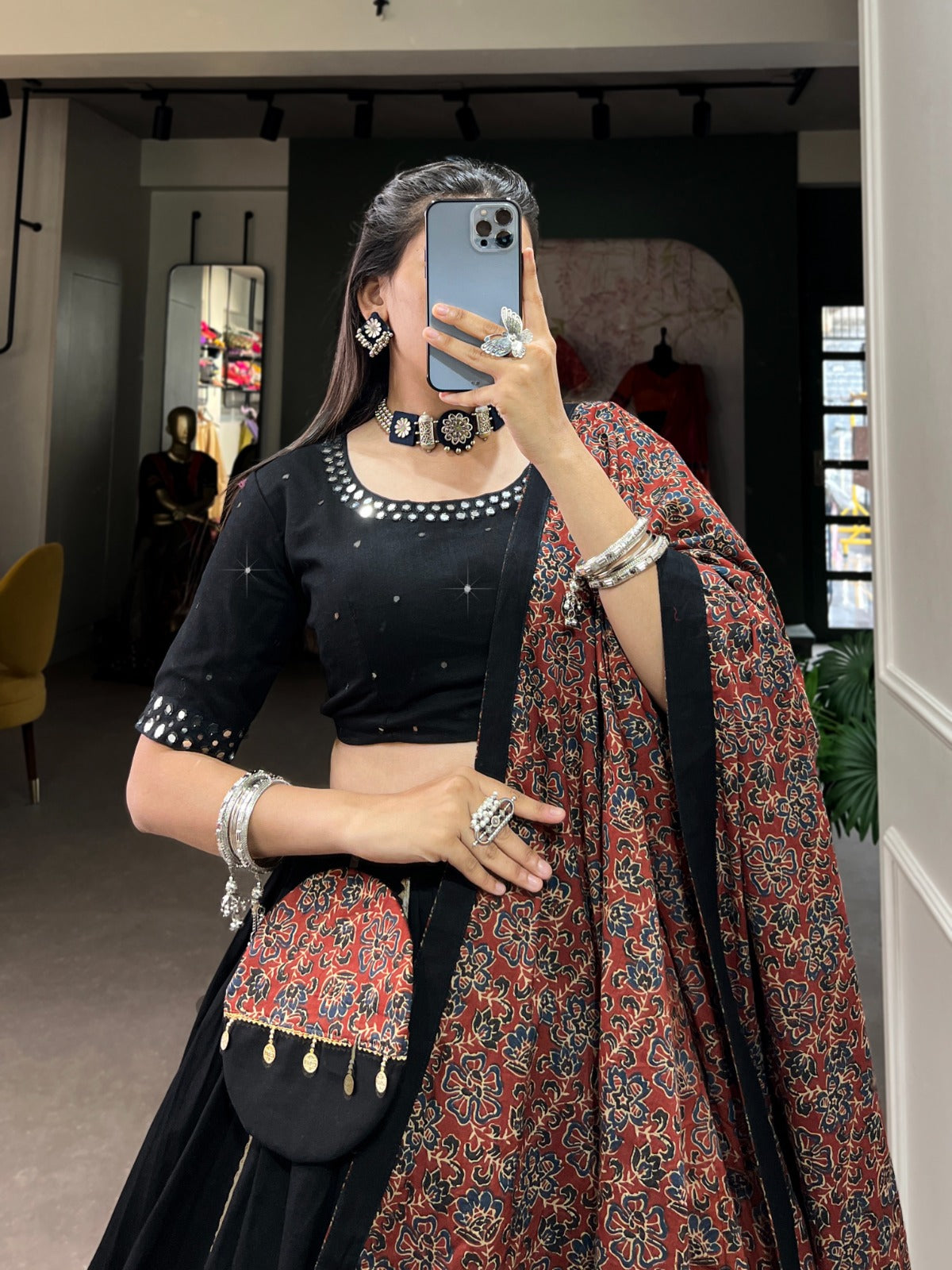 Black Printed Pure Cotton Lehenga Choli