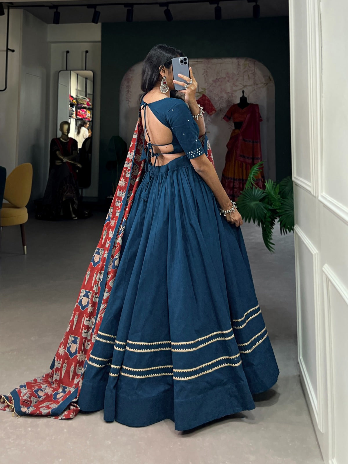 Teal Blue Printed Pure Cotton Lehenga Choli