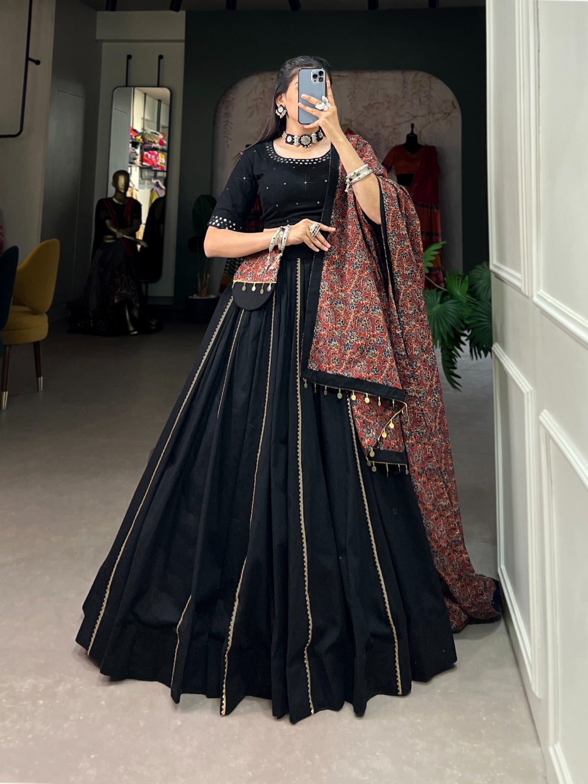 Black Printed Pure Cotton Lehenga Choli