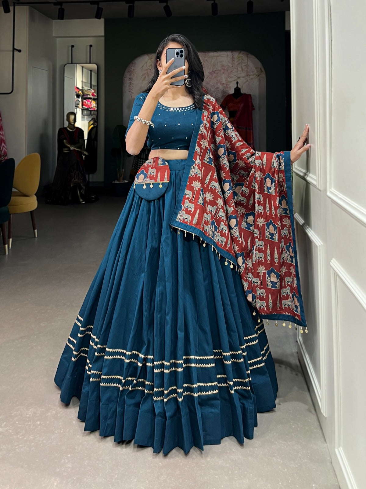 Teal Blue Printed Pure Cotton Lehenga Choli