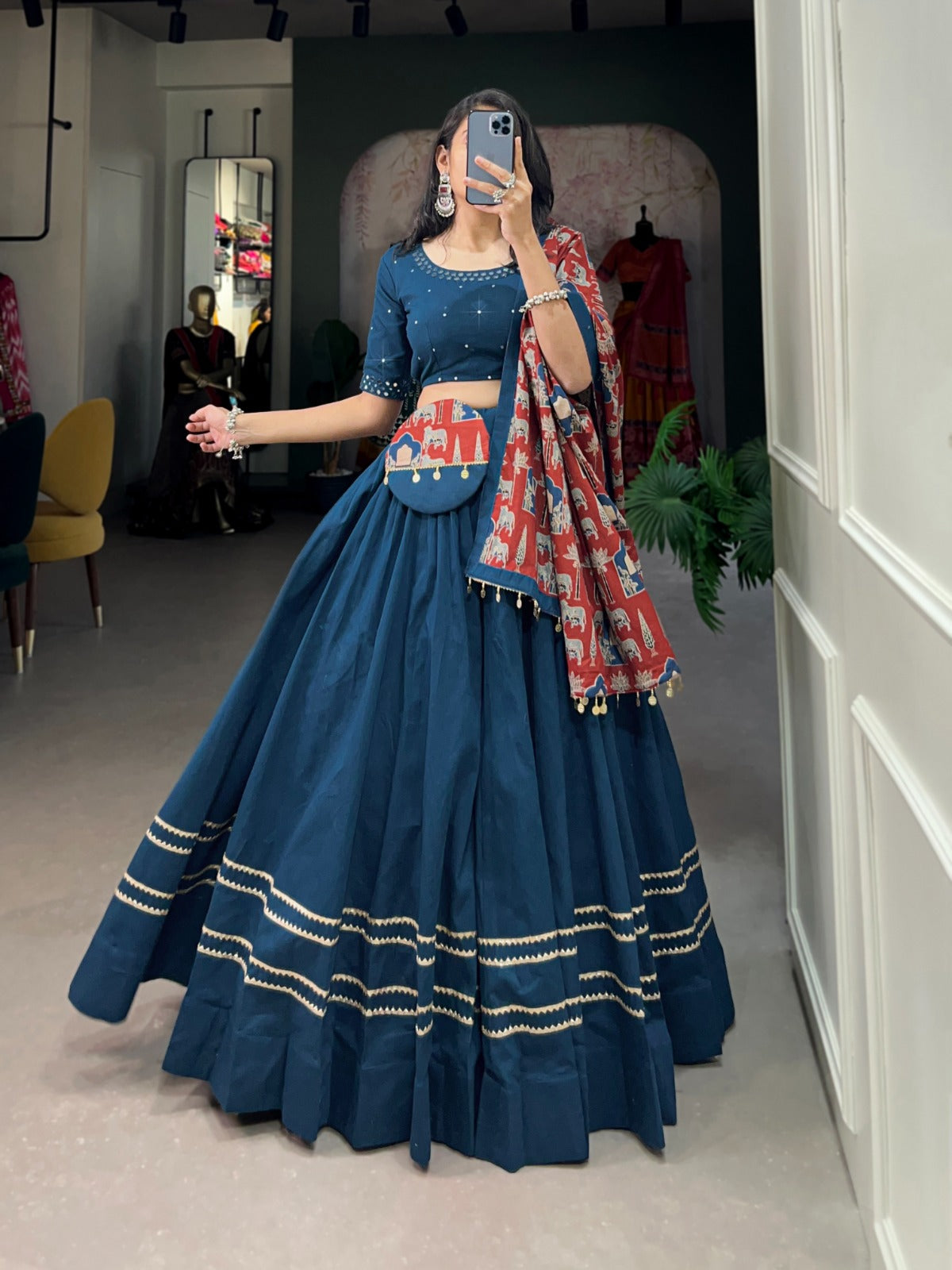 Teal Blue Printed Pure Cotton Lehenga Choli