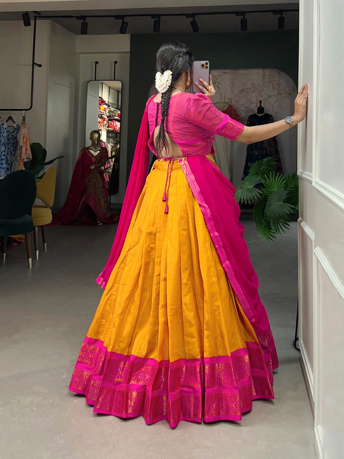 Mustard-Pink Kanchipuram Silk Lehenga Choli