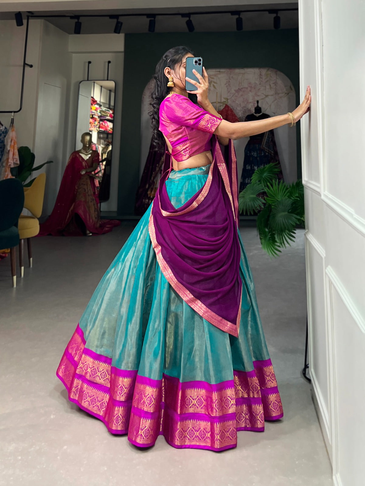 Firozi-Wine Kanchipuram Silk Lehenga Choli