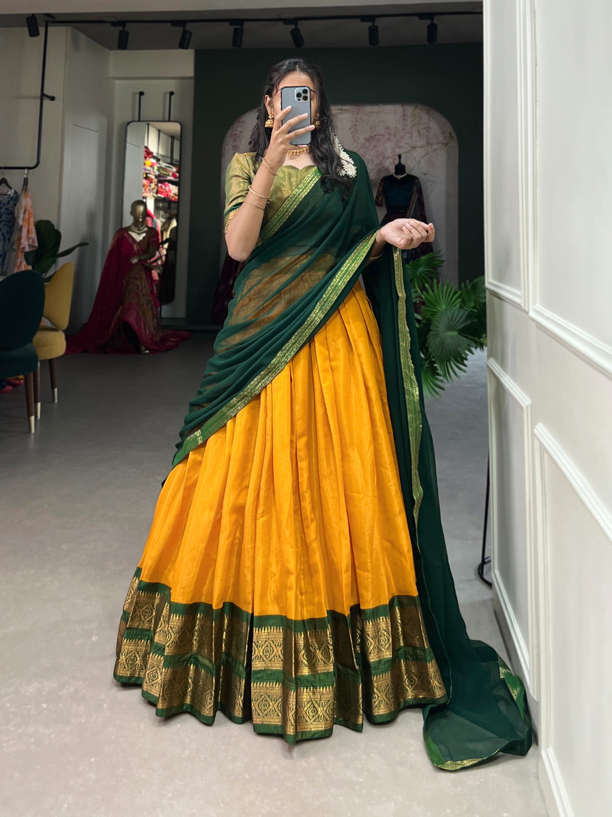 Yellow-Green Kanchipuram Silk Lehenga Choli