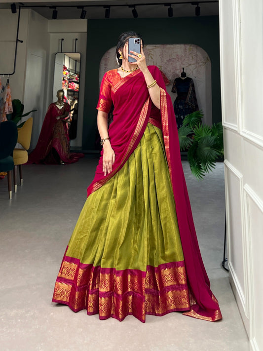 Cherry Red- Green Kanchipuram Silk Lehenga Choli