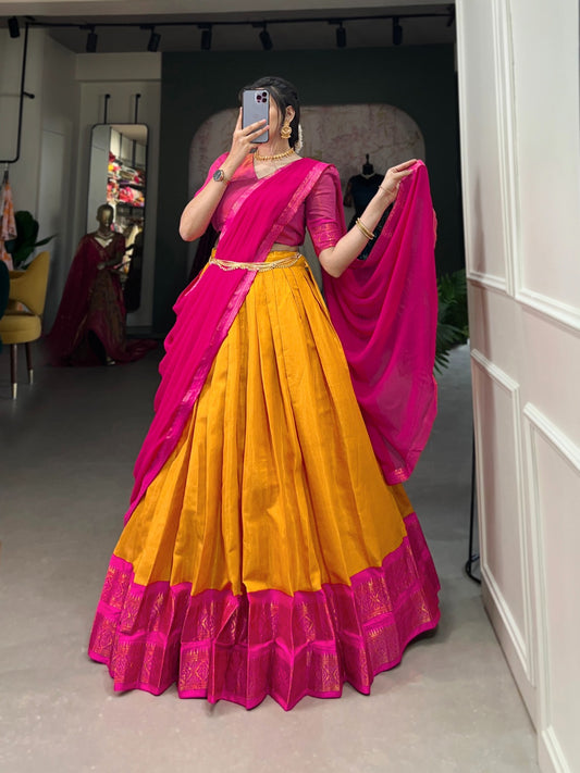 Mustard-Pink Kanchipuram Silk Lehenga Choli