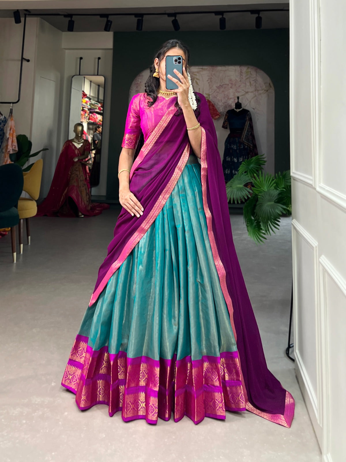 Firozi-Wine Kanchipuram Silk Lehenga Choli