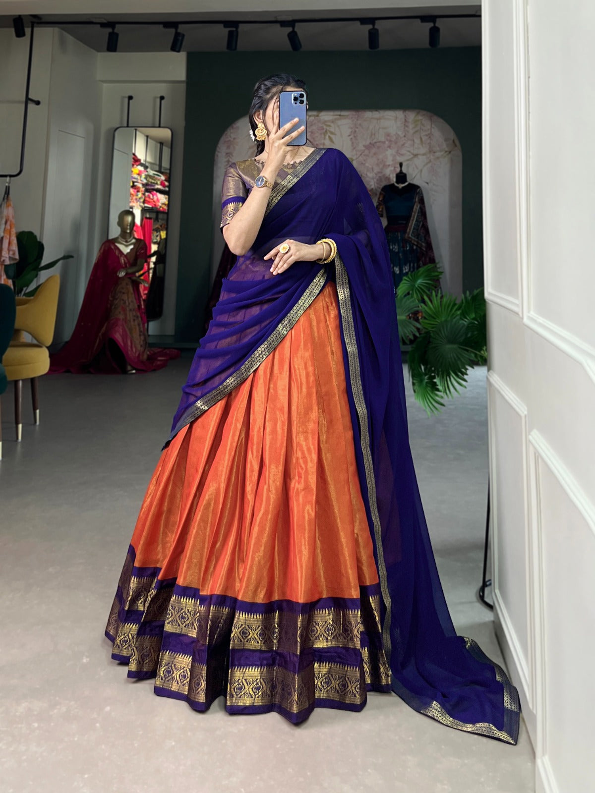 Orange-Blue Kanchipuram Silk Lehenga Choli