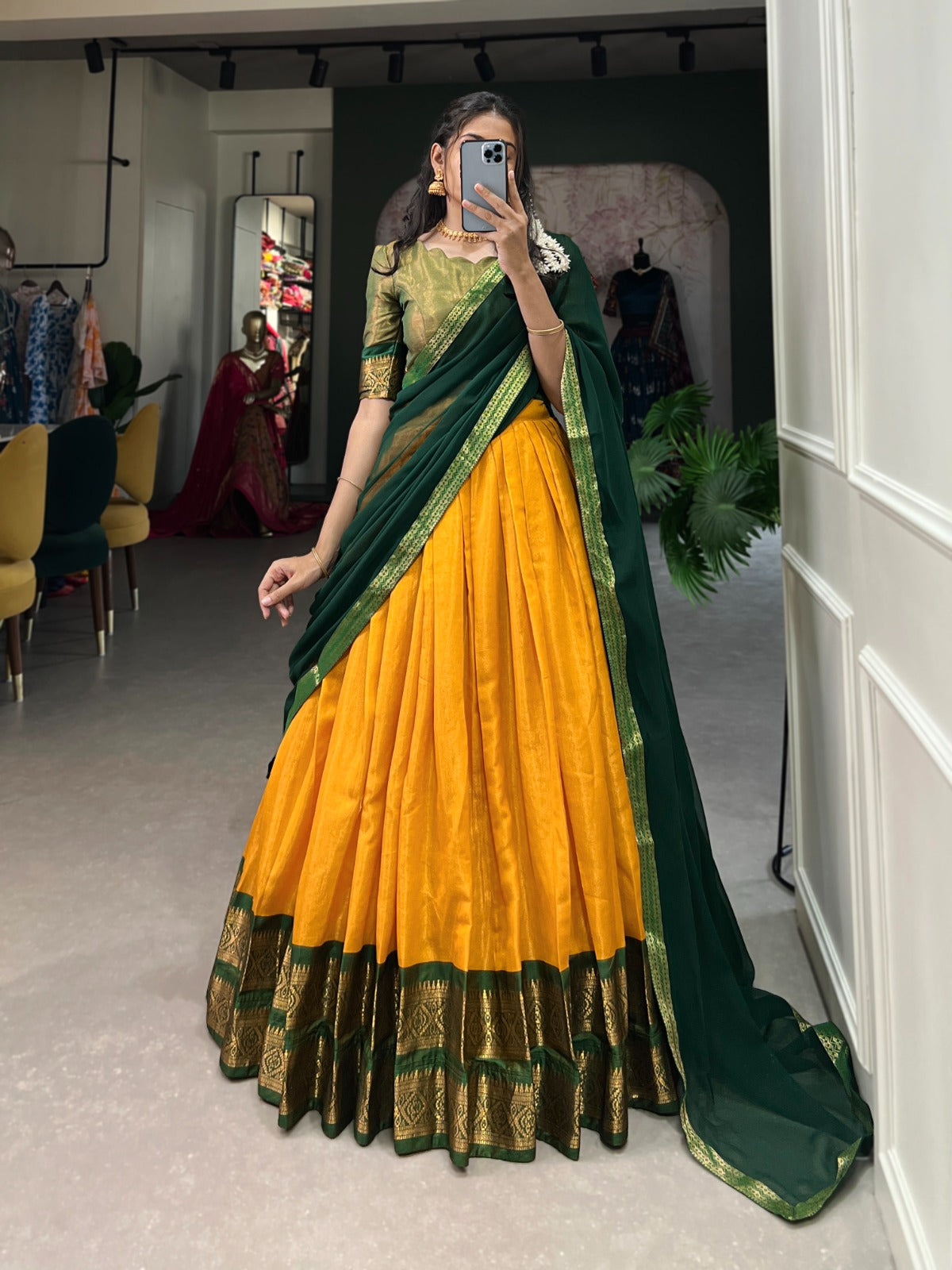 Yellow-Green Kanchipuram Silk Lehenga Choli