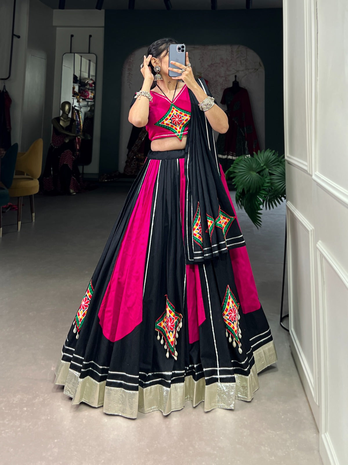 Radiant Pink & Black Cotton Chaniya Choli