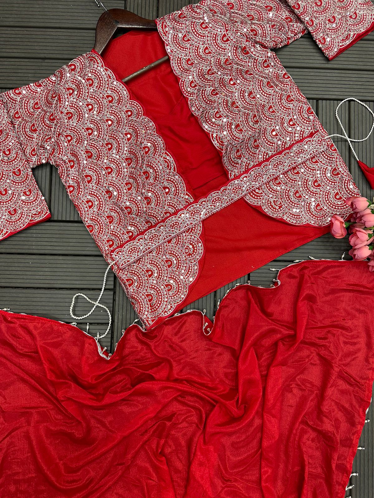 Red Heavy Chinon Saree