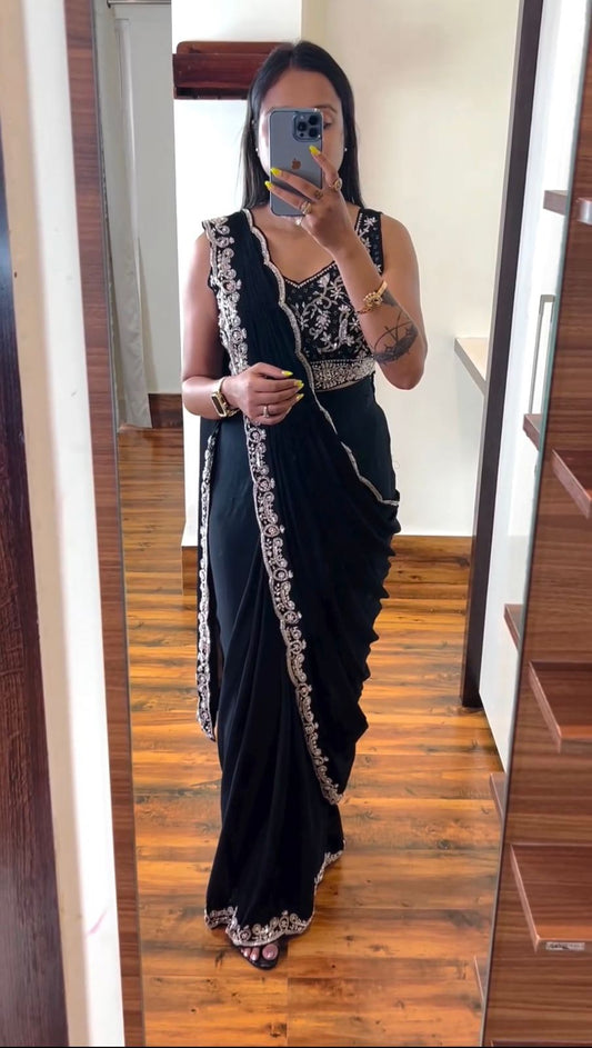 Black Heavy Chinon Saree