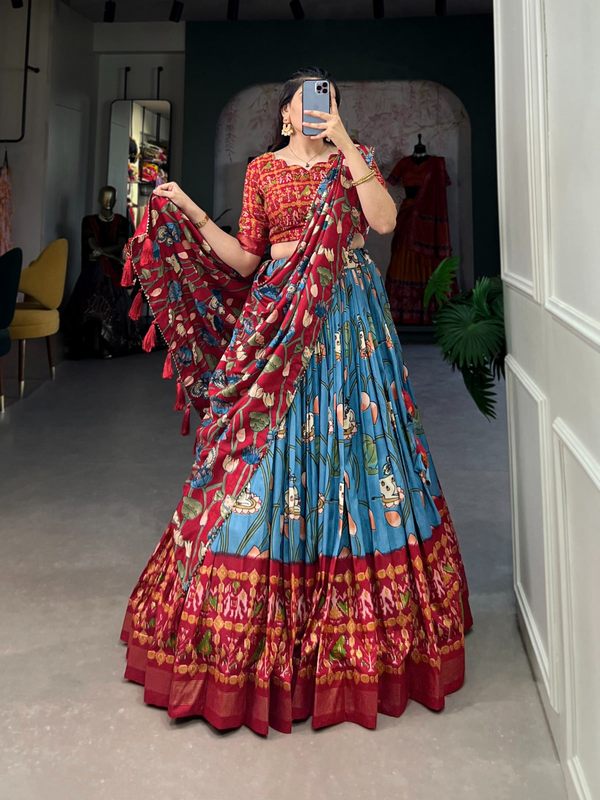 Firozi-Red Patola Printed Tussar Silk Lehenga Choli