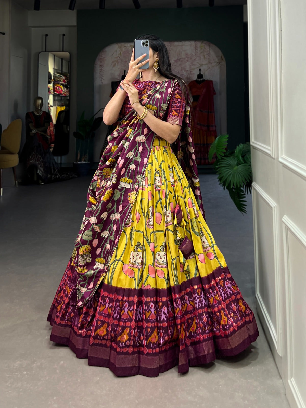 Mustar- Marron Patola Printed Tussar Silk Lehenga Choli