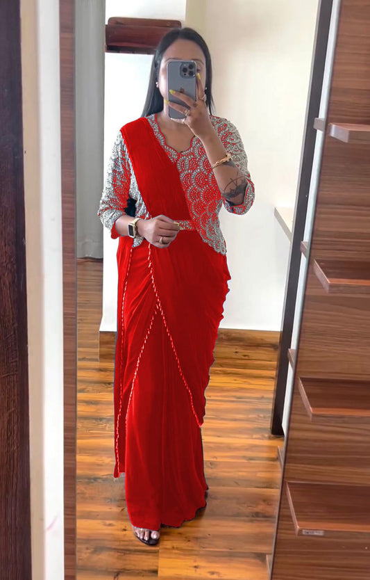 Red Heavy Chinon Saree