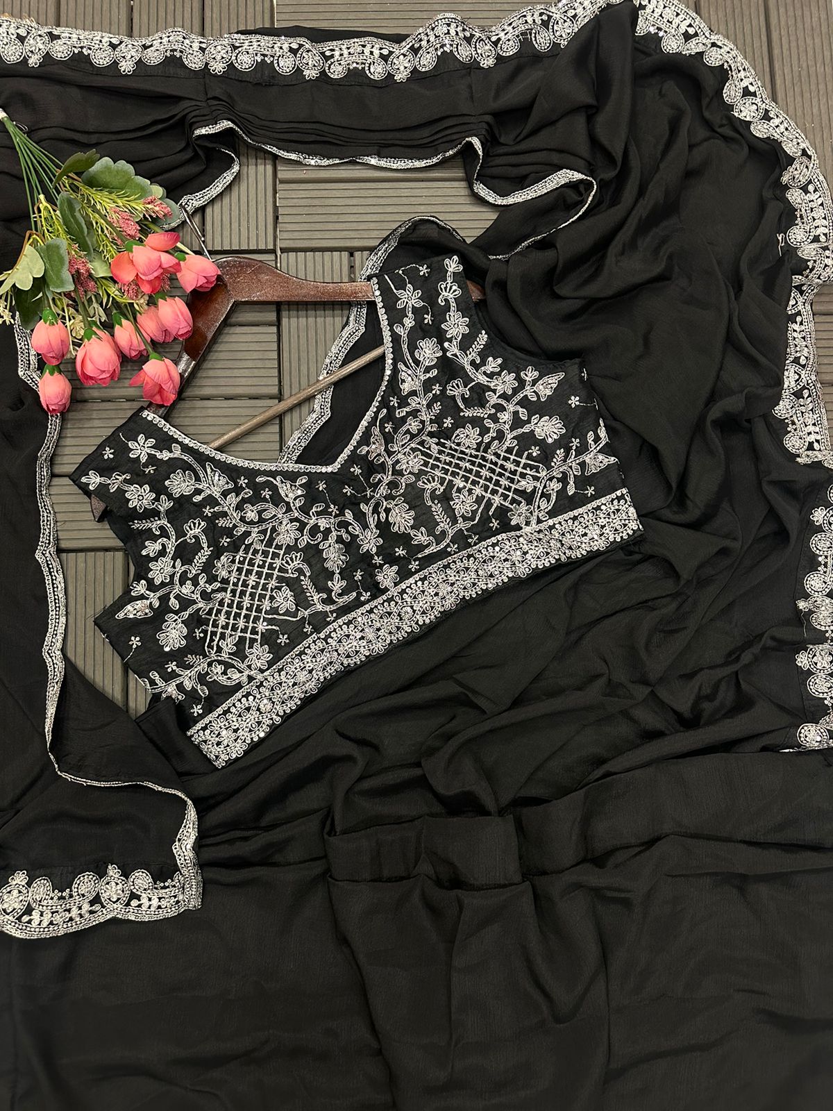 Black Heavy Chinon Saree