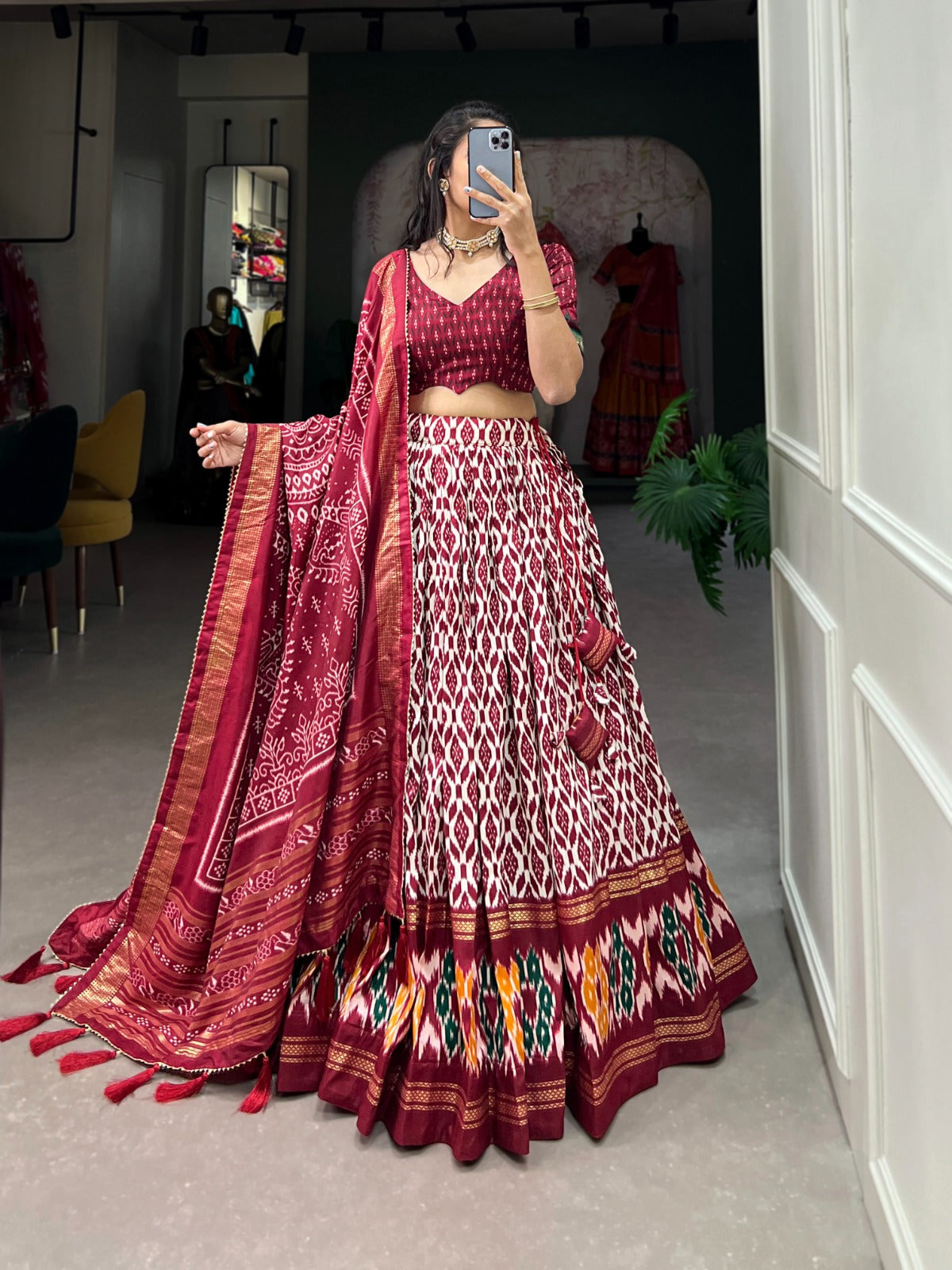 Maroon Tussar Silk Lehenga Choli