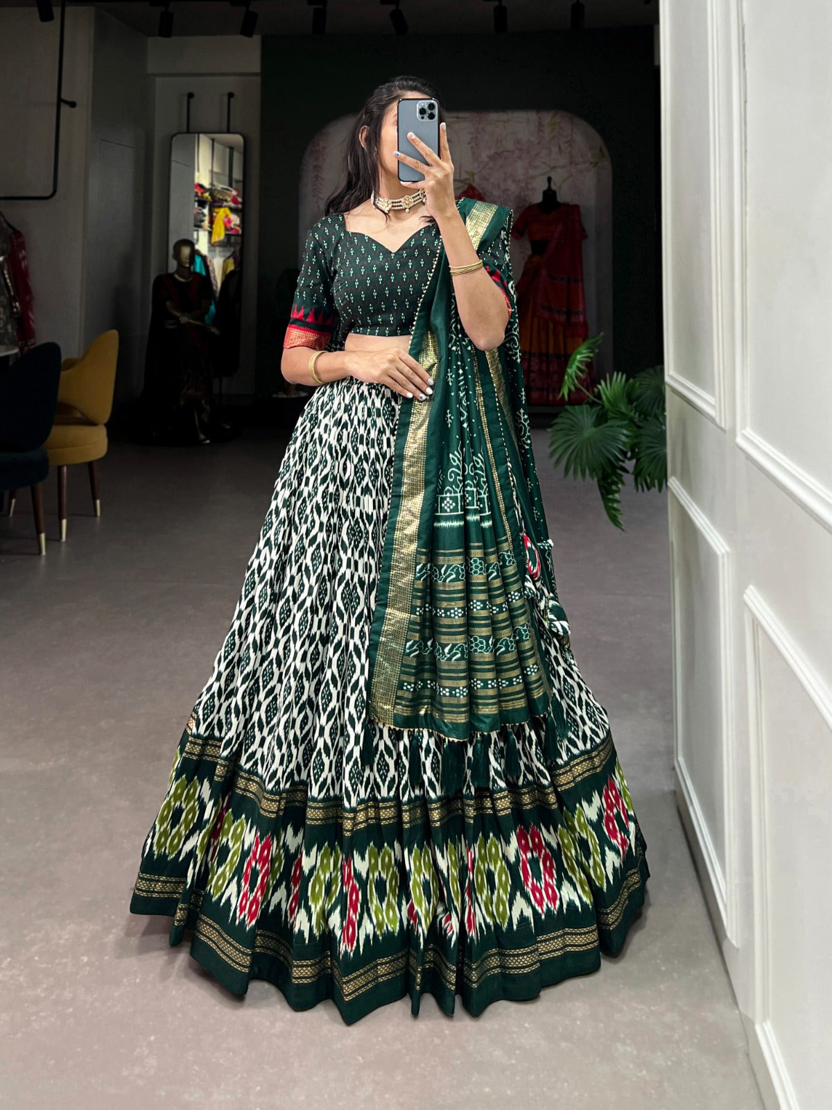 Green Tussar Silk Lehenga Choli