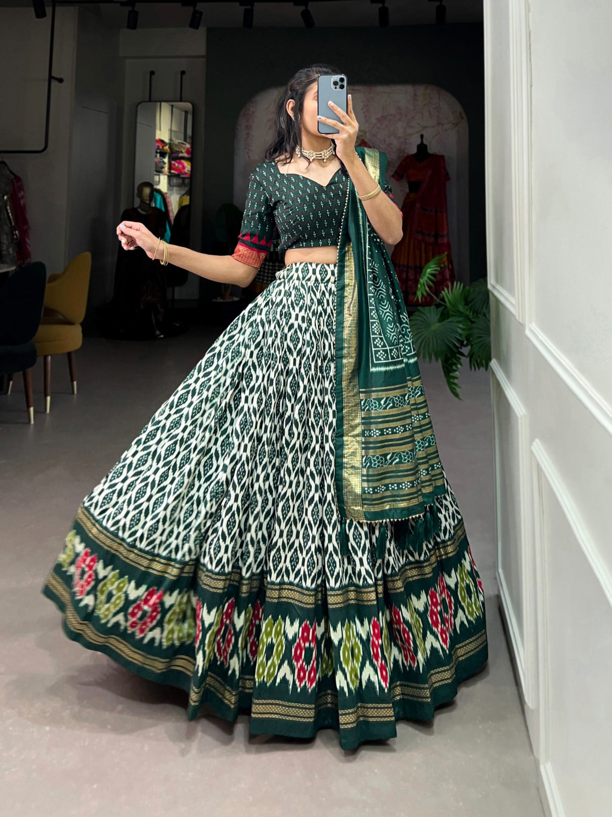 Green Tussar Silk Lehenga Choli