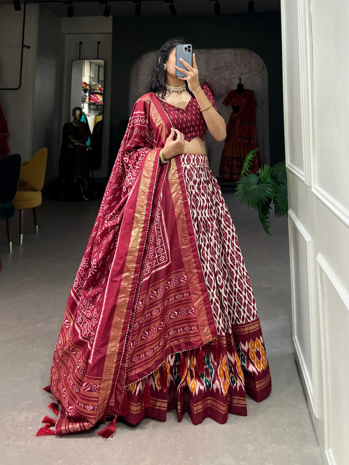 Maroon Tussar Silk Lehenga Choli