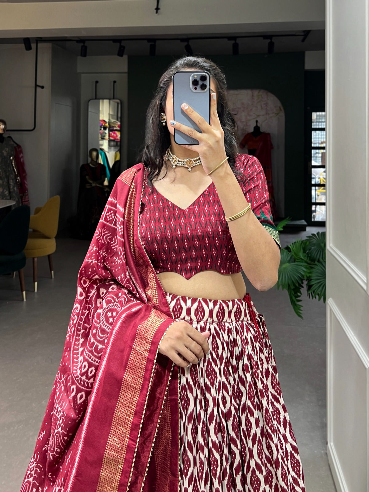 Maroon Tussar Silk Lehenga Choli