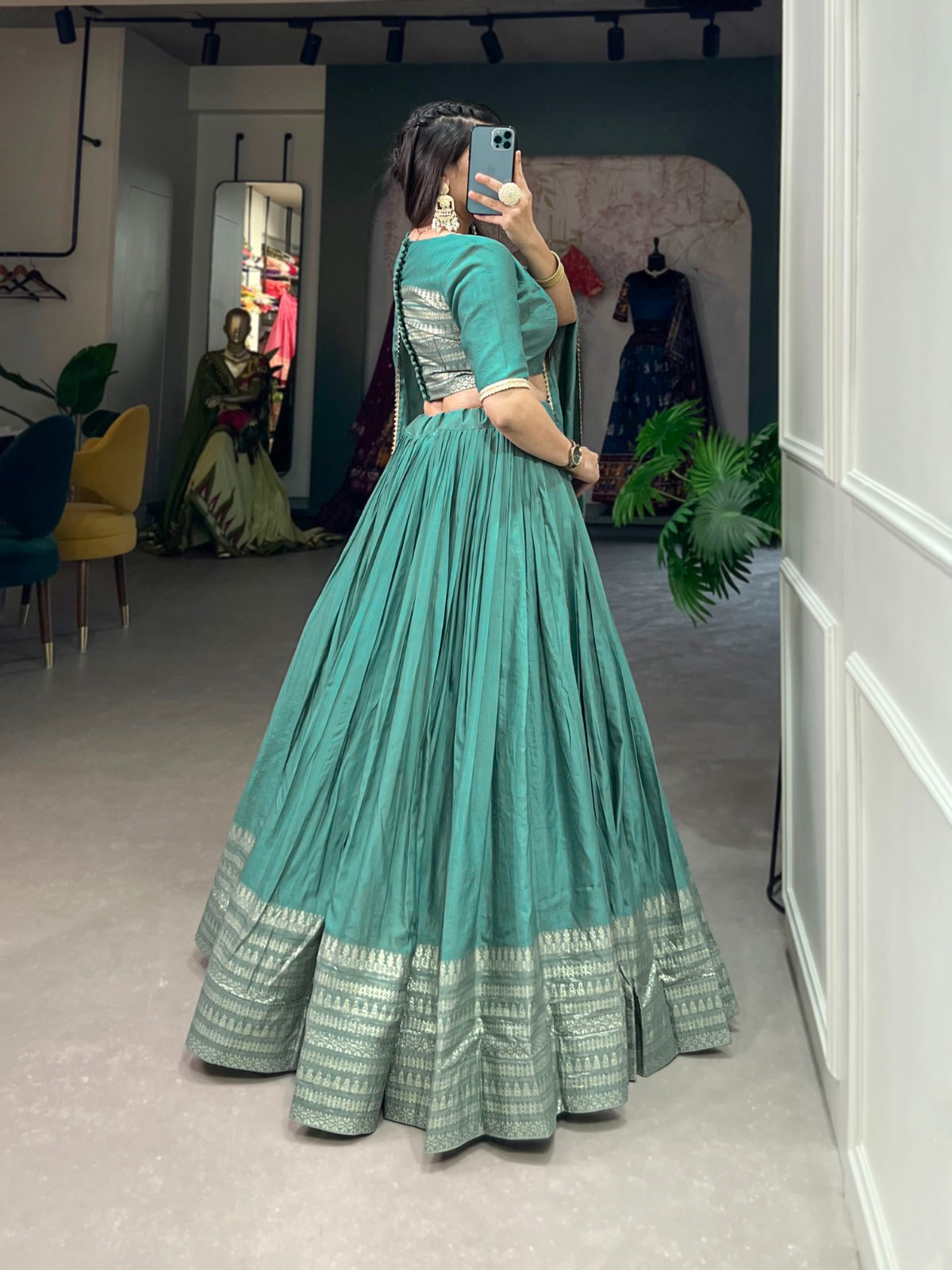 Light Firozi Pure Chanderi Lehenga Choli