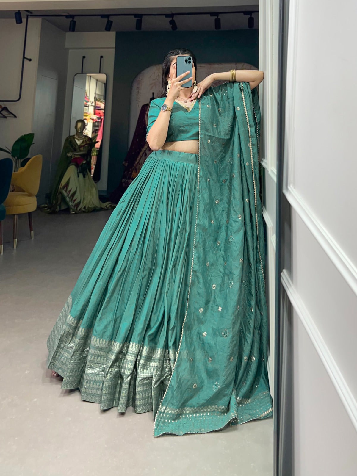 Light Firozi Pure Chanderi Lehenga Choli