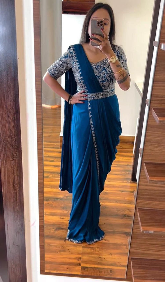 Teal Blue Heavy Chinon Saree