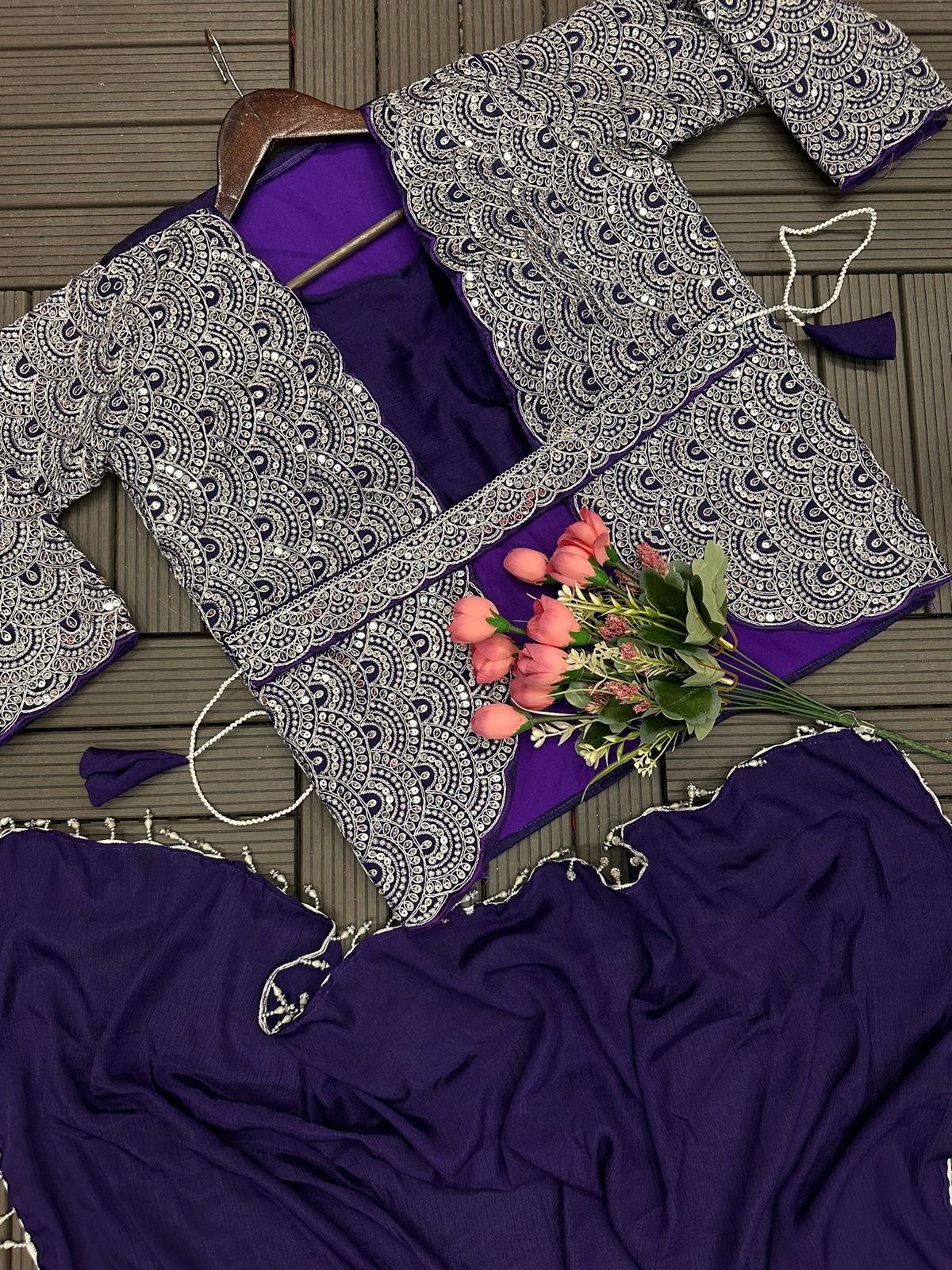 Purple Heavy Chinon Saree