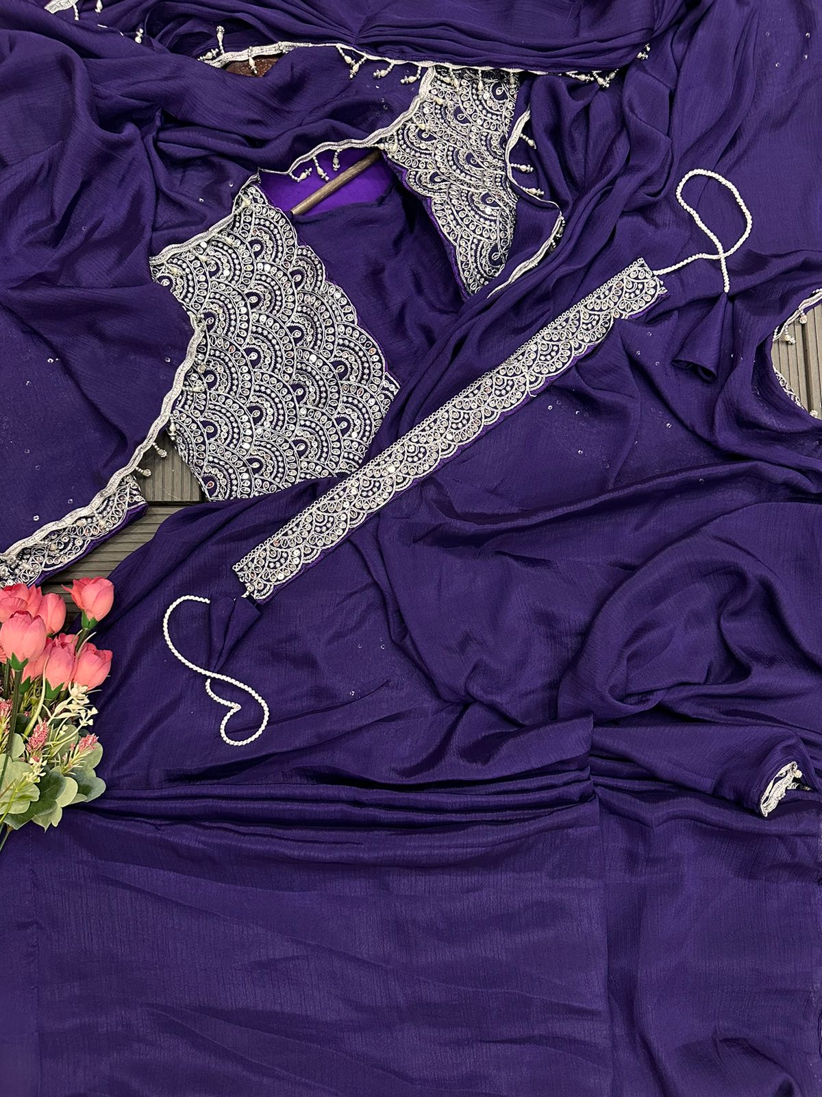 Purple Heavy Chinon Saree