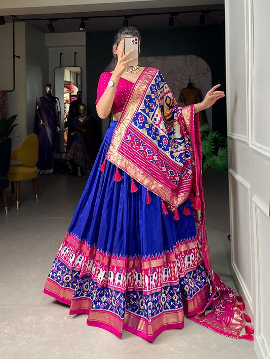 Blue Pink Tussar Silk Lehenga Choli