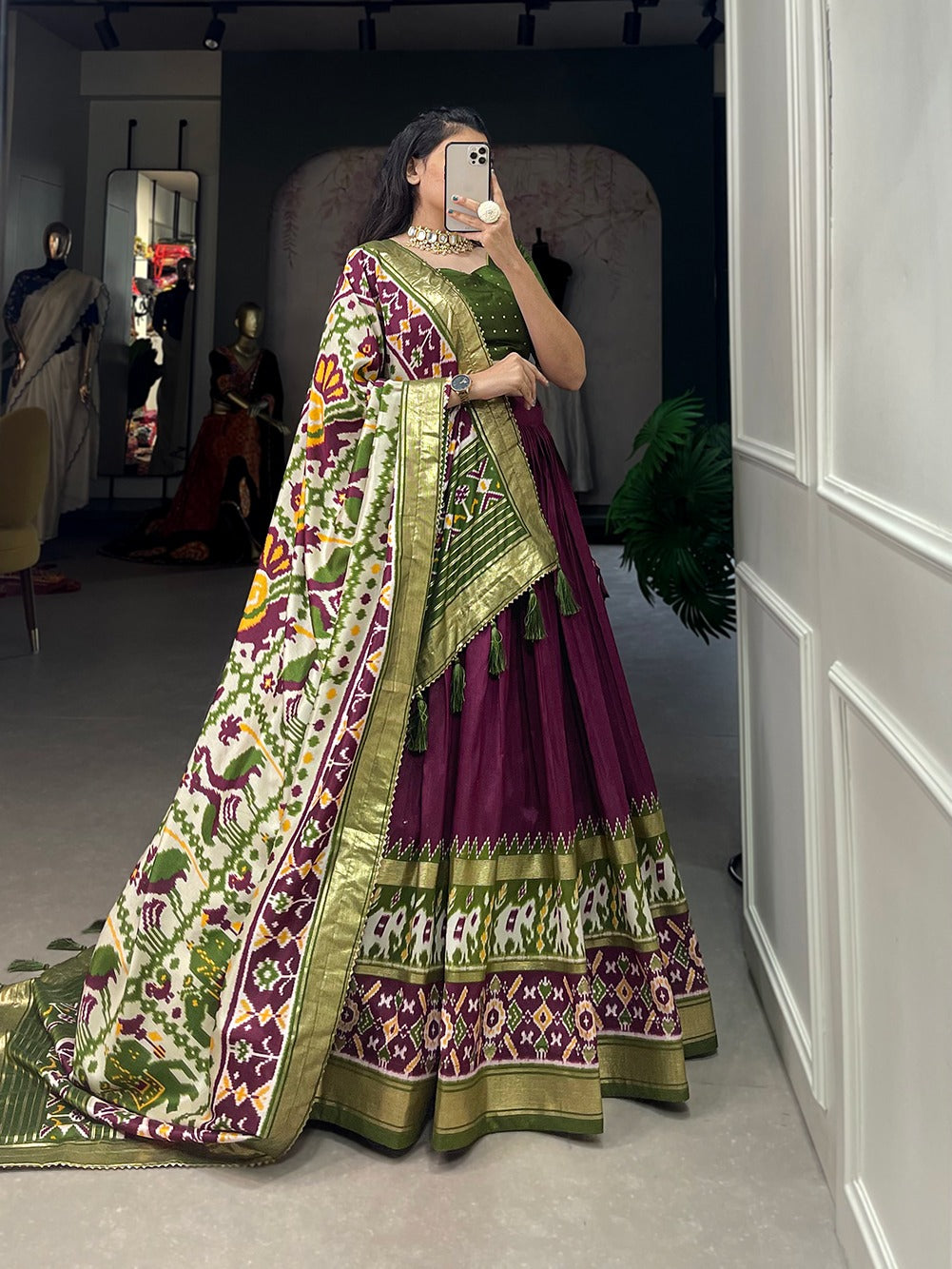 Wine-Mehndi Tussar Silk Lehenga Choli