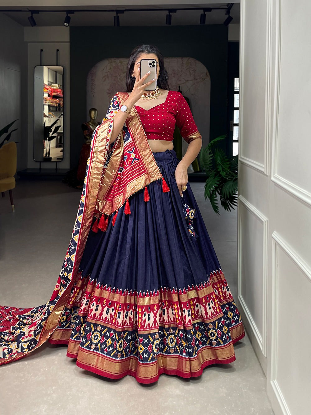 Blue-Red Tussar Silk Lehenga Choli