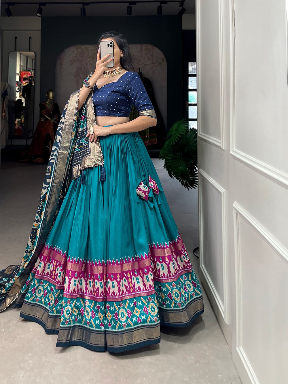 Sea Blue Tussar Silk Lehenga Choli