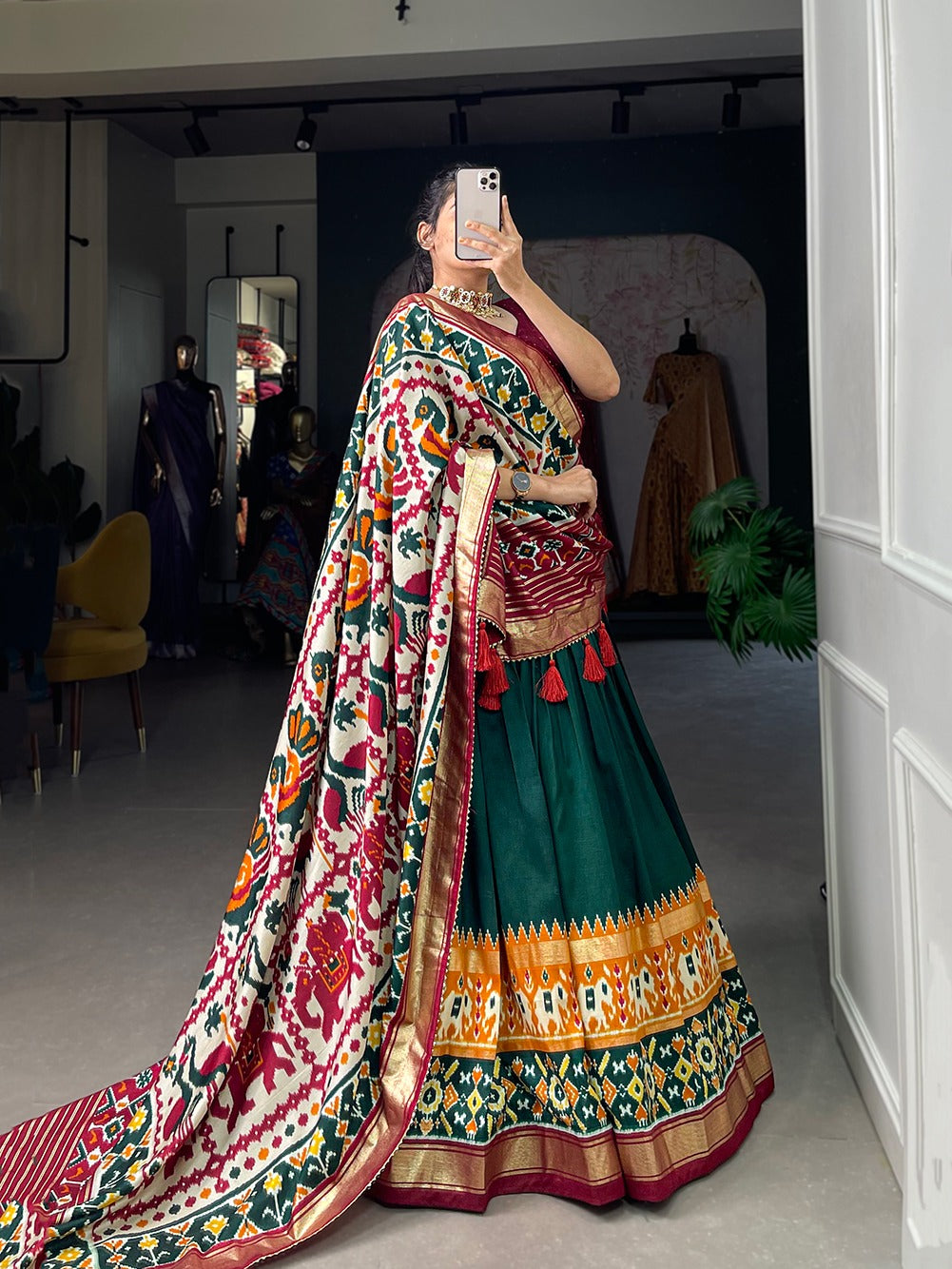 Green-Maroon Tussar Silk Lehenga Choli