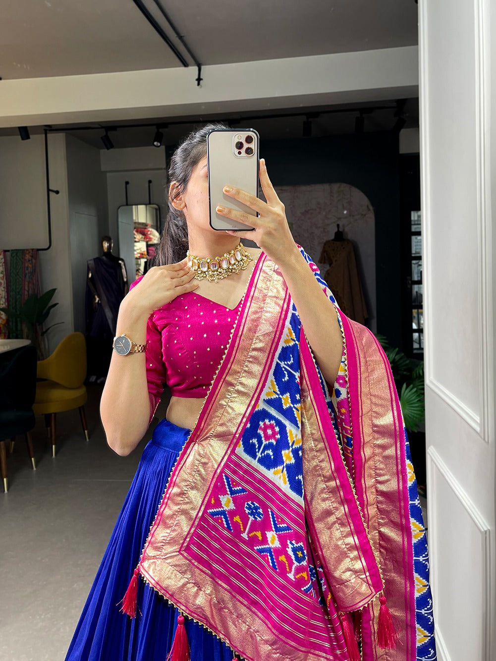 Blue Pink Tussar Silk Lehenga Choli