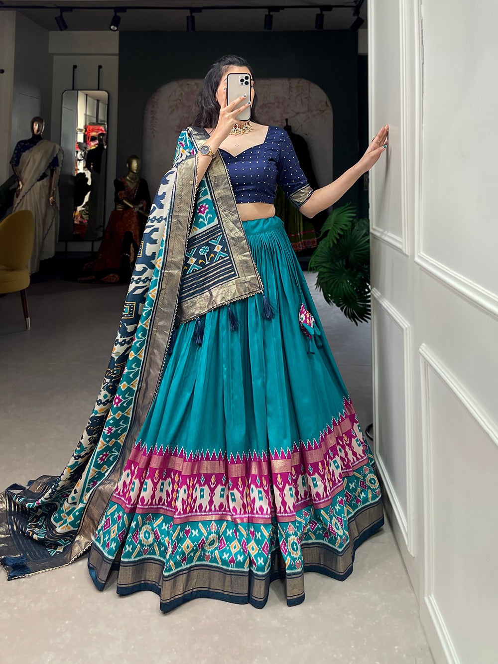 Sea Blue Tussar Silk Lehenga Choli