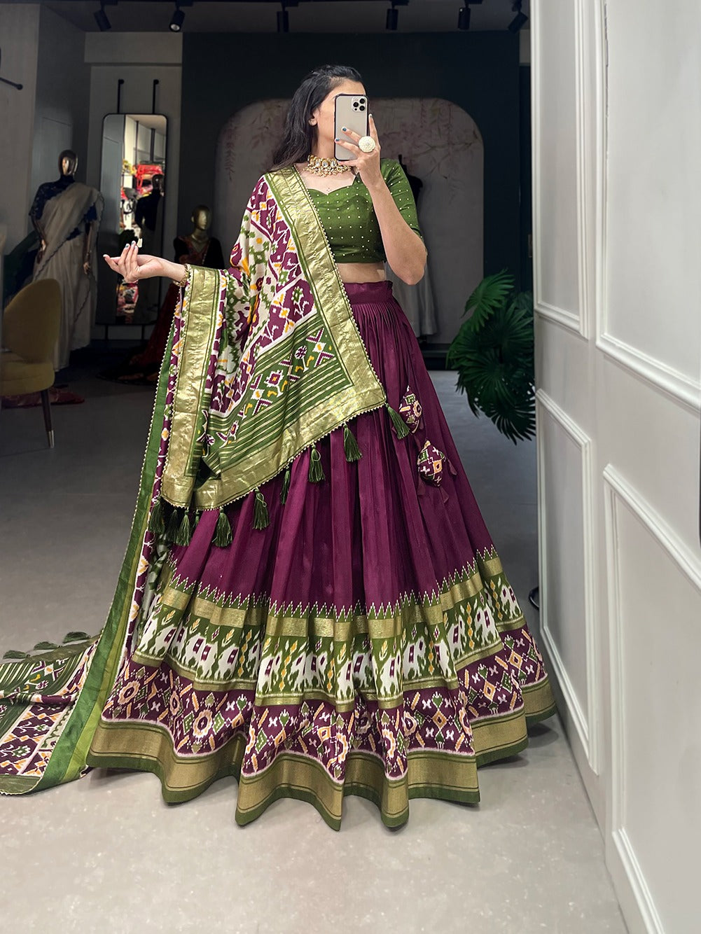 Wine-Mehndi Tussar Silk Lehenga Choli