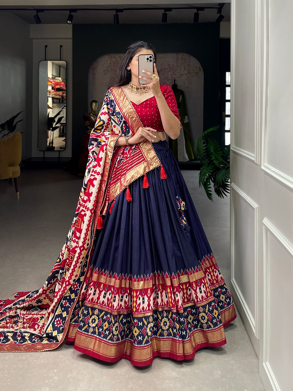 Blue-Red Tussar Silk Lehenga Choli