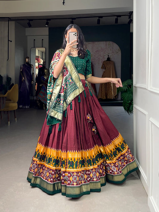 Maroon Green Tussar Silk Lehenga Choli