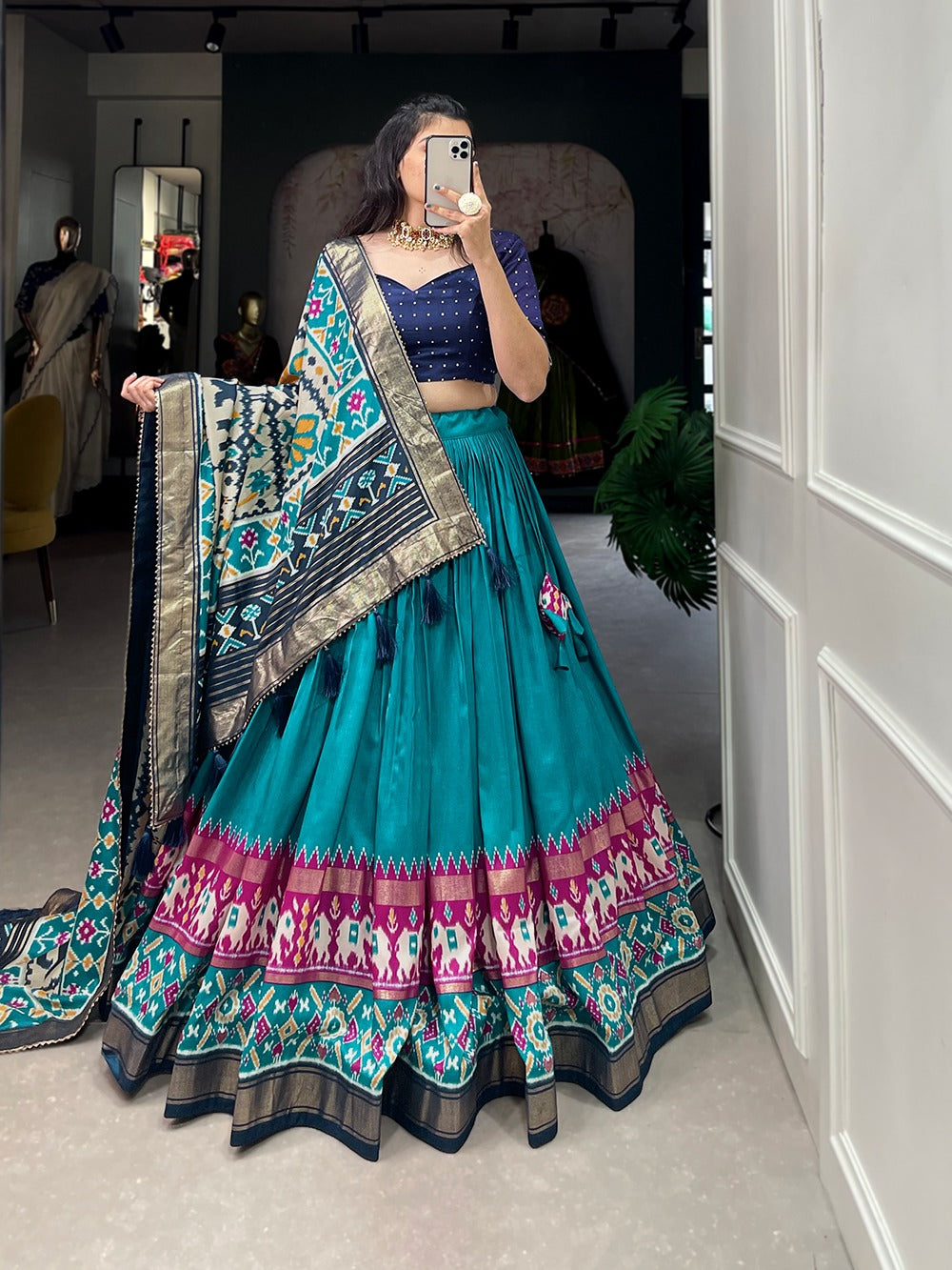 Sea Blue Tussar Silk Lehenga Choli