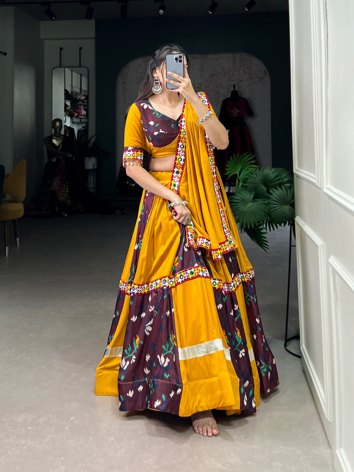 Wine-Mustard Printed Silk Lehenga Choli