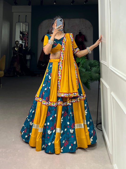 Teal Blue-Yellow Printed Silk Lehenga Choli