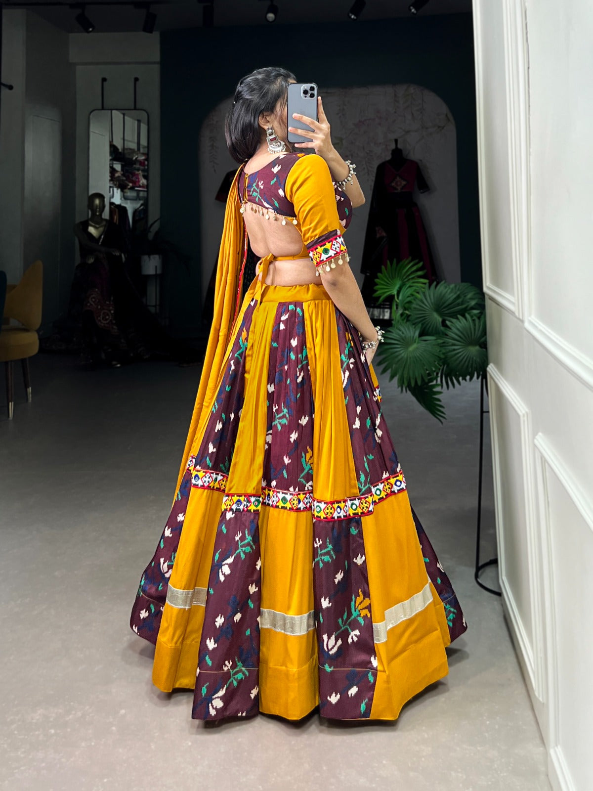 Wine-Mustard Printed Silk Lehenga Choli