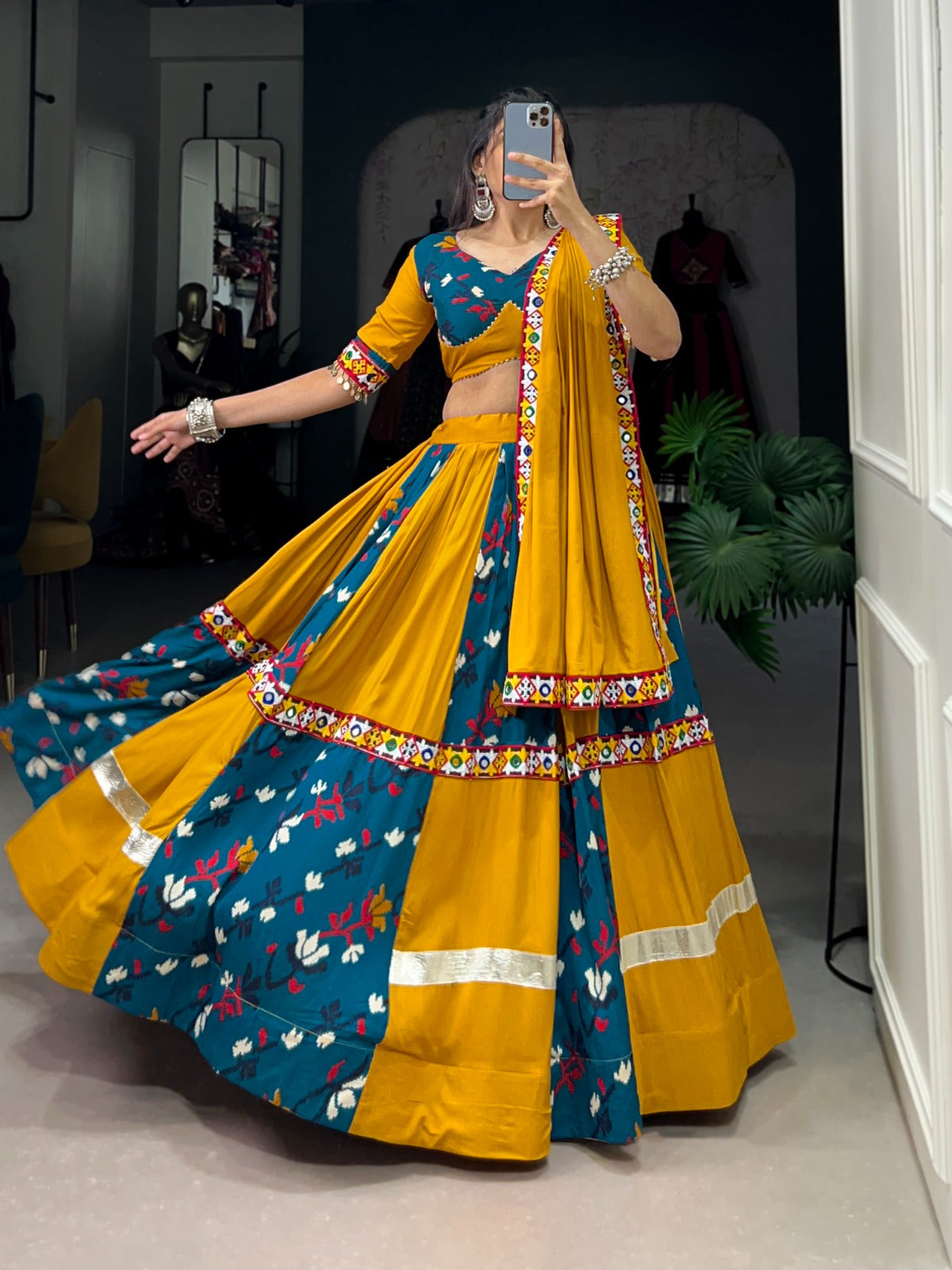 Teal Blue-Yellow Printed Silk Lehenga Choli