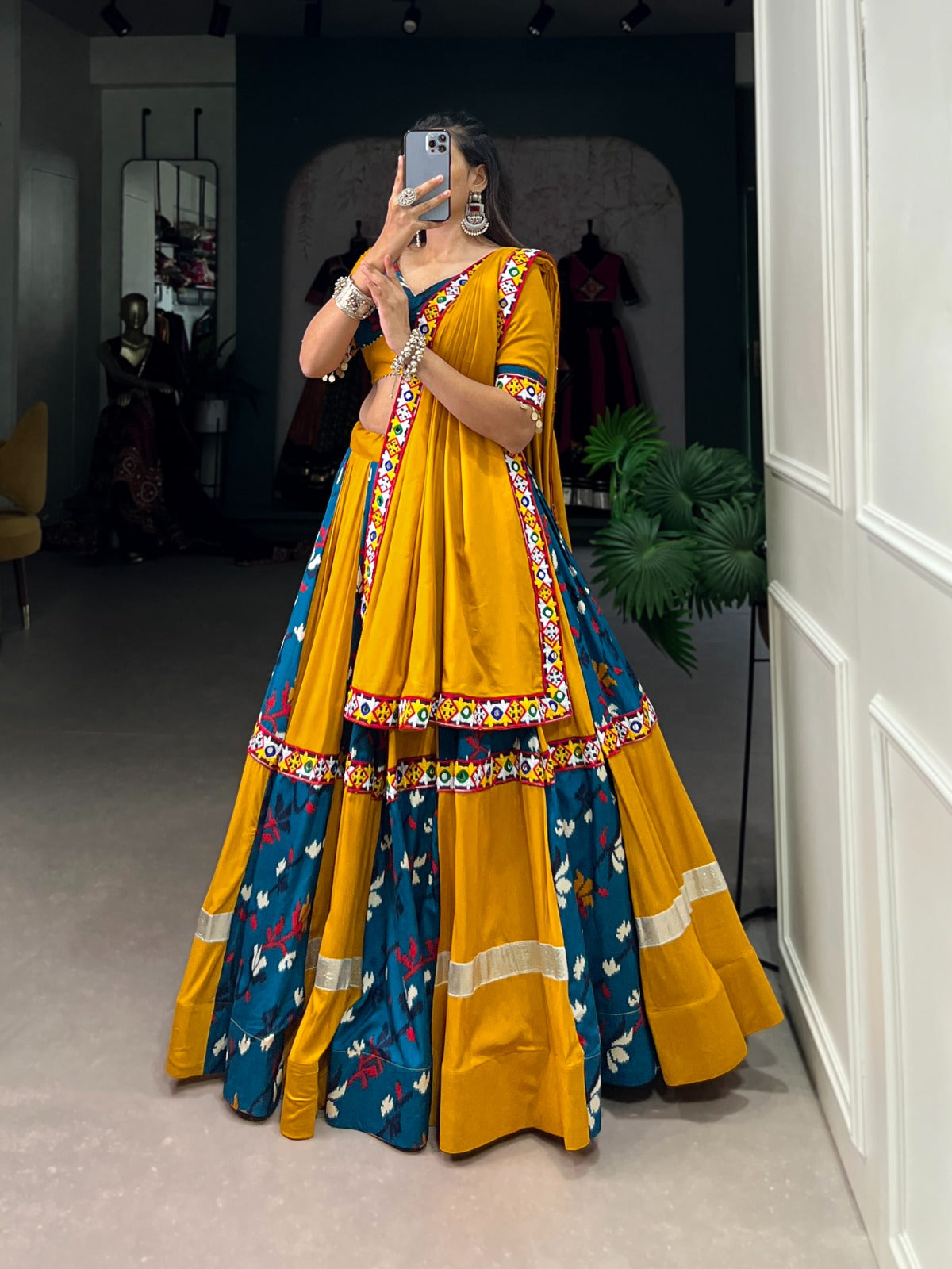 Teal Blue-Yellow Printed Silk Lehenga Choli