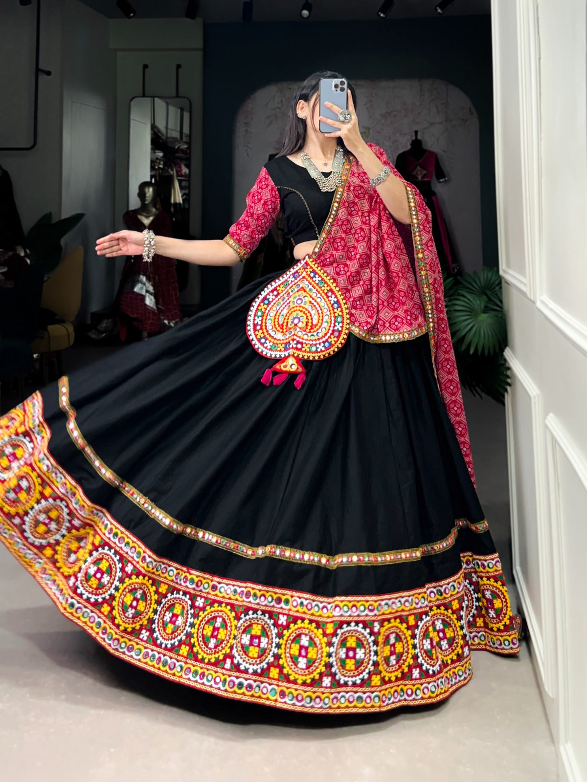 Black-Pink Gamthi Work Lehenga Choli